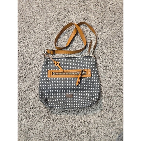 Fossil Dawson Polka Dot Crossbody Handbag Grayish Blue white Key-per canvas - Picture 3 of 12